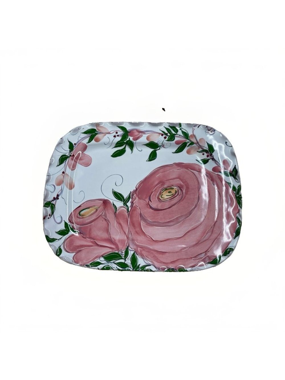 Large Jan Pugh Packer Creek Pottery Platter 17” Pink Cabbage Rose Ruffled Signed